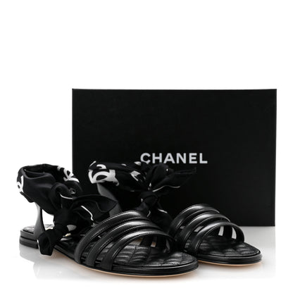 Chanel Lambskin Silk CC Wrap Ankle Flat Sandals 40 Black 10 of 10