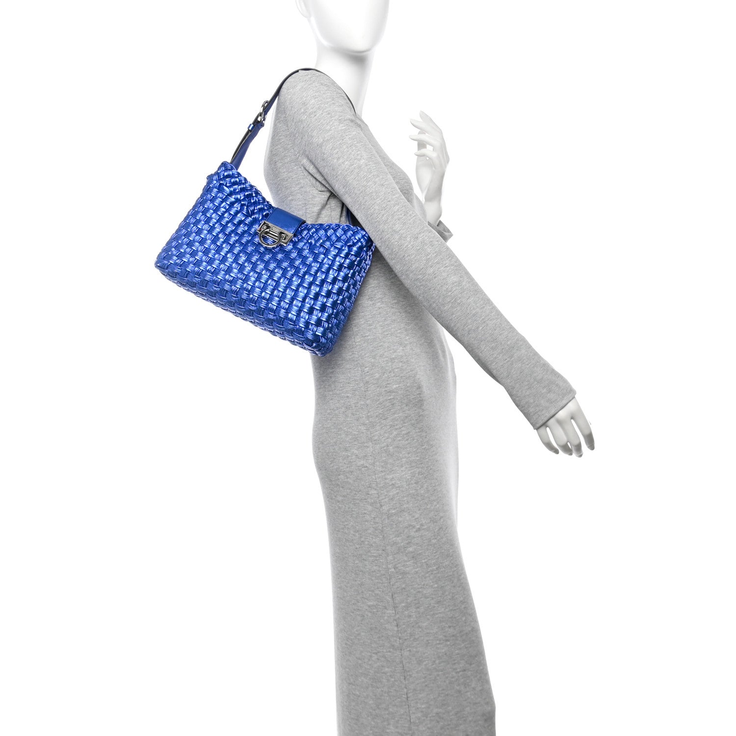 Salvatore Ferragamo Metallic Woven Calfskin Trifolio Shoulder Bag Bluette 2 of 9