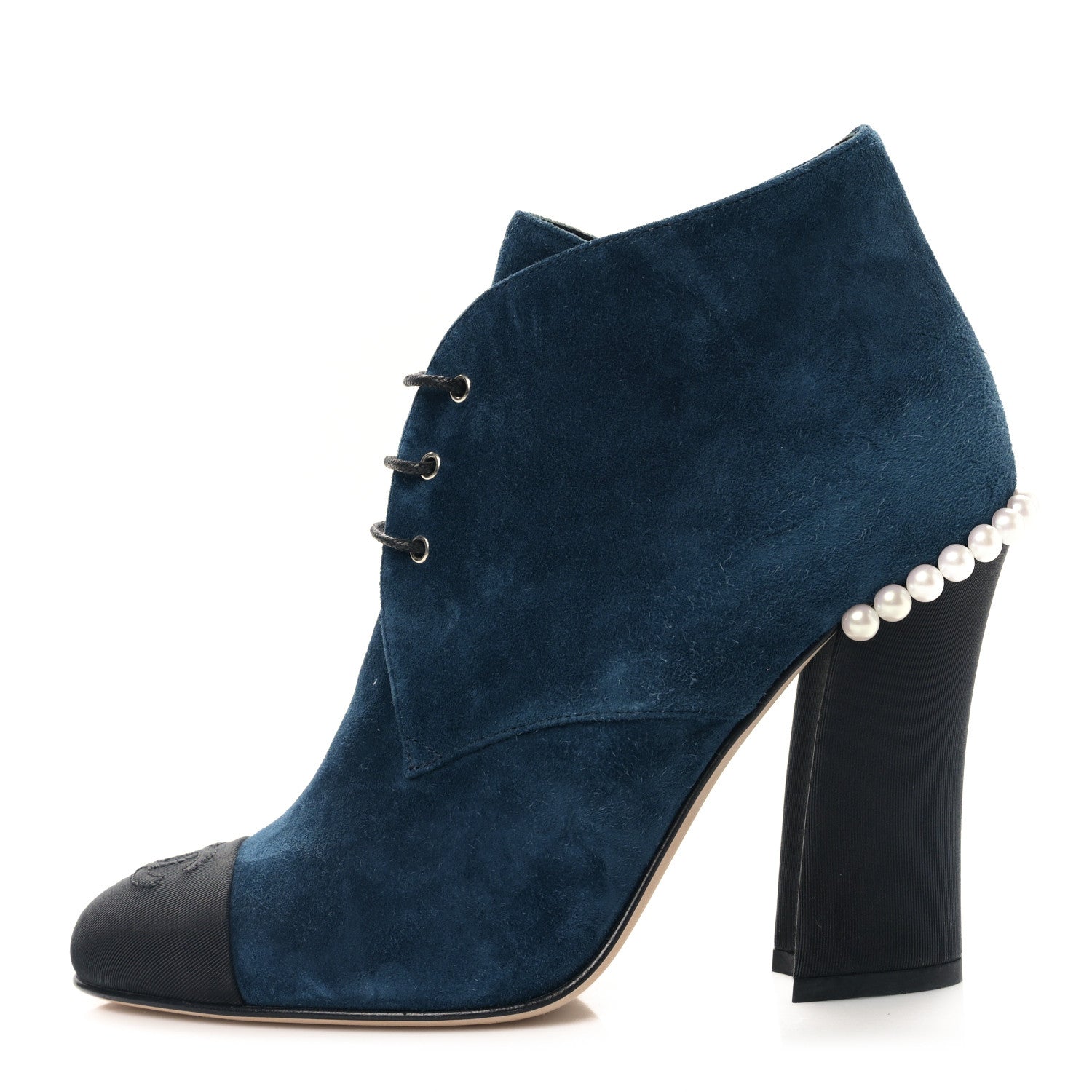 Chanel Suede Grosgrain Pearl Lace Up Booties 37 Dark Blue Black 1 of 8
