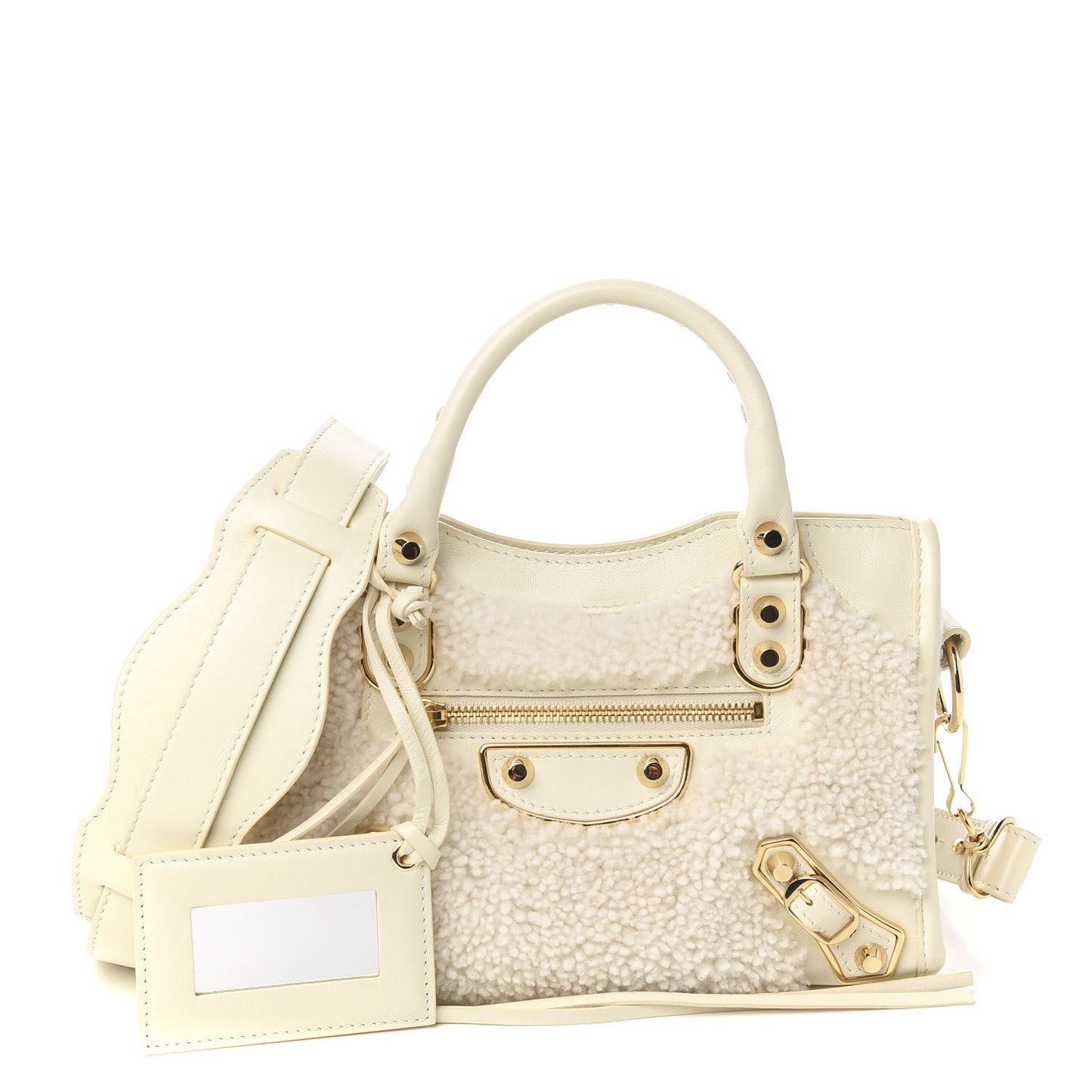 Shearling Nappa Gold Metallic Edge Hardware Mini City Cream
