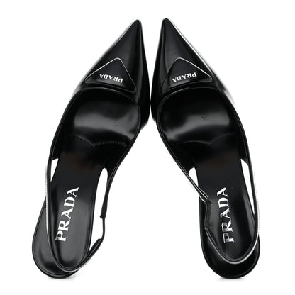 Prada Spazzolato Triangle Logo Pointed Toe 75mm Slingback Pumps 37 Black 2 of 11