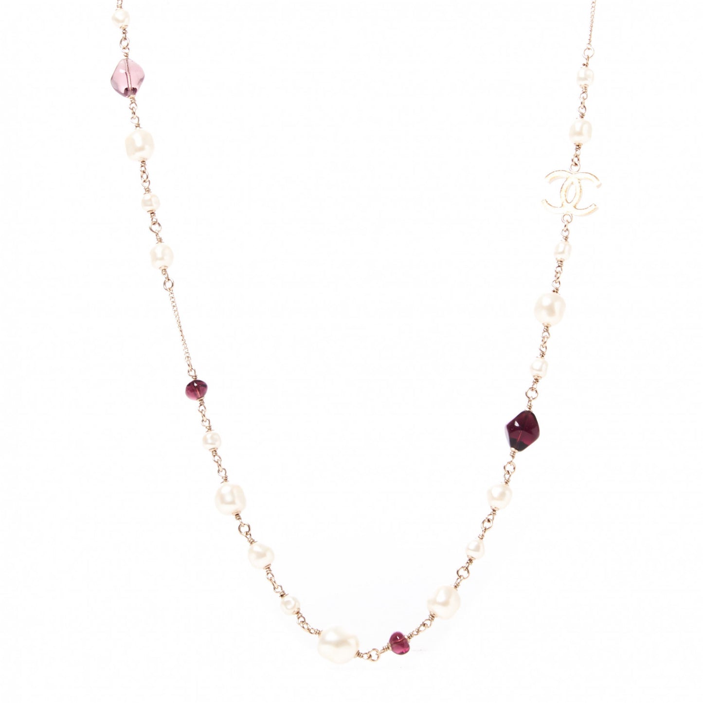 Beaded Pearl Crystal CC Long Strand Necklace Gold Purple