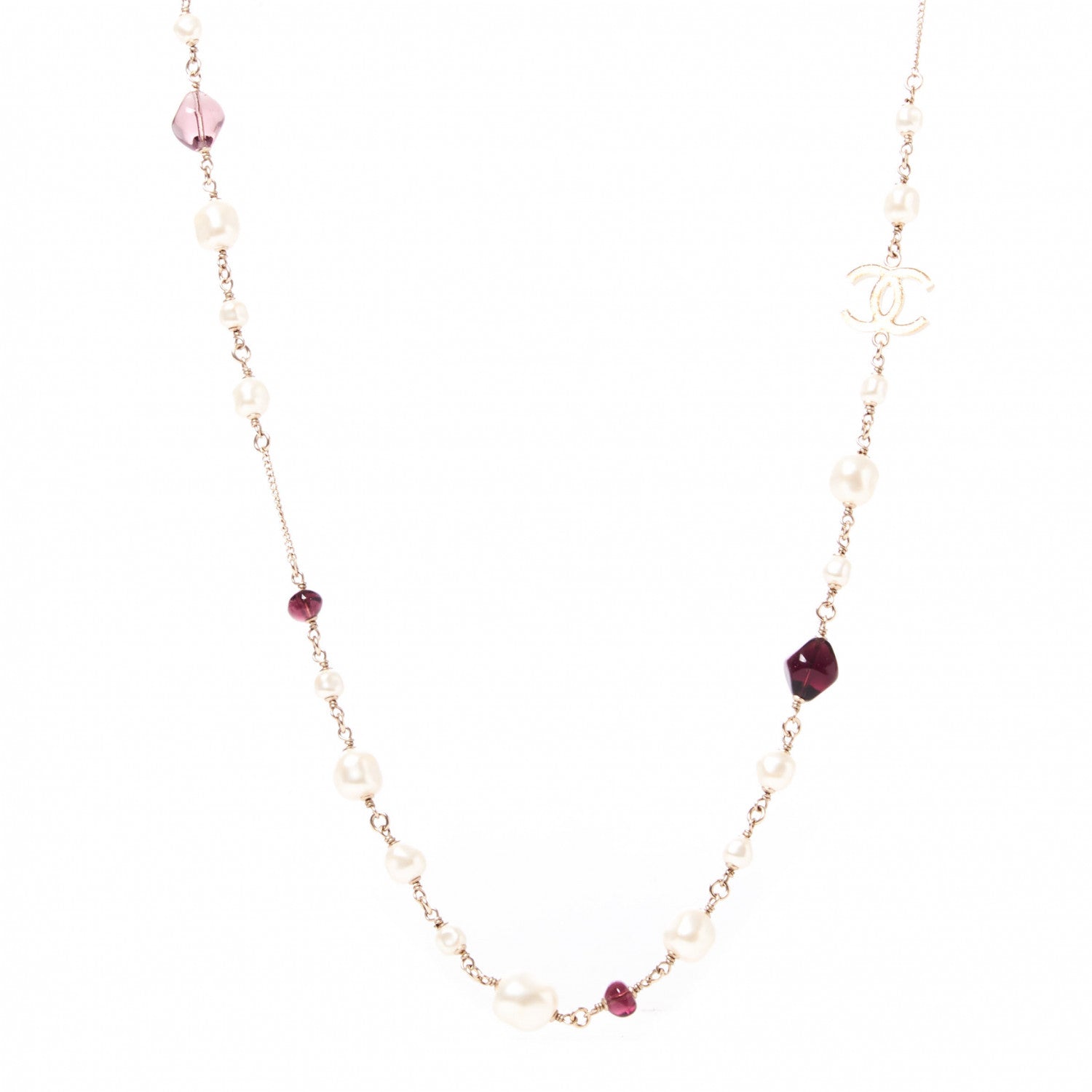 Chanel Beaded Pearl Crystal CC Long Strand Necklace Gold Purple 1 of 9