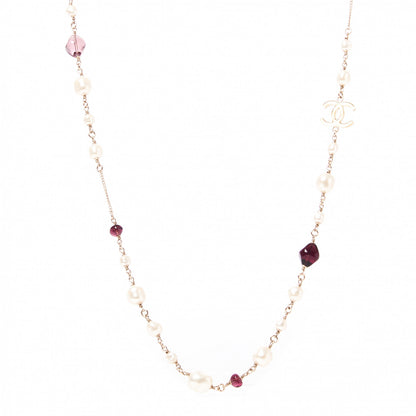 Chanel Beaded Pearl Crystal CC Long Strand Necklace Gold Purple 1 of 9