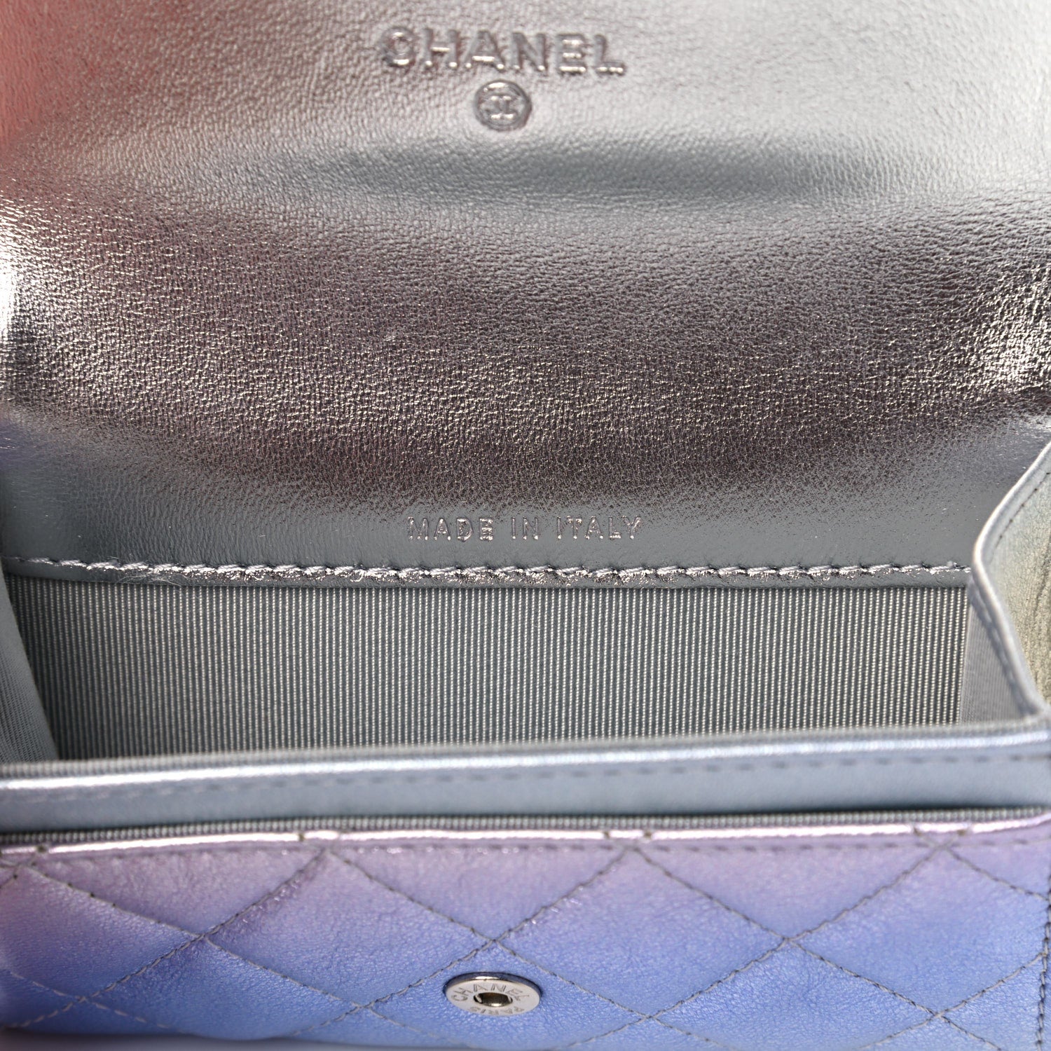 Chanel Gradient Metallic Calfskin Quilted Flap Card Holder Wallet Silver Blue Yellow Purple 8 of 10