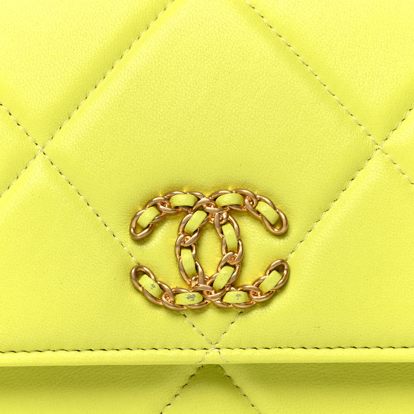 Shiny Lambskin Quilted Chanel 19 Wallet On Chain WOC Neon Yellow