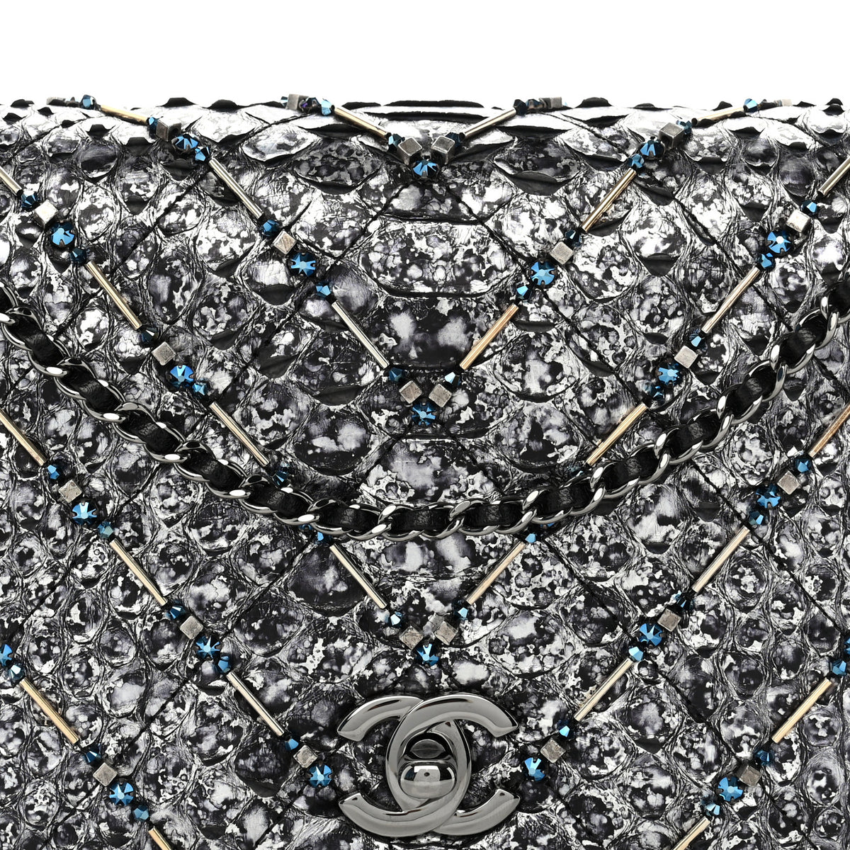 Chanel Metallic Snakeskin Quilted Beaded Chain Clutch Black Silver 17 of 23