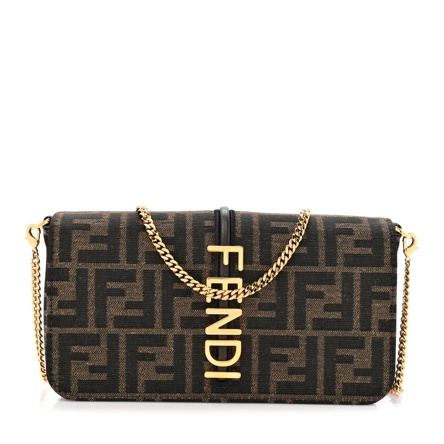 Fendi Fabric Jacquard Vitello Grace FF 1974 Fendigraphy Wallet On Chain Tobacco Moro Ebano 1 of 12