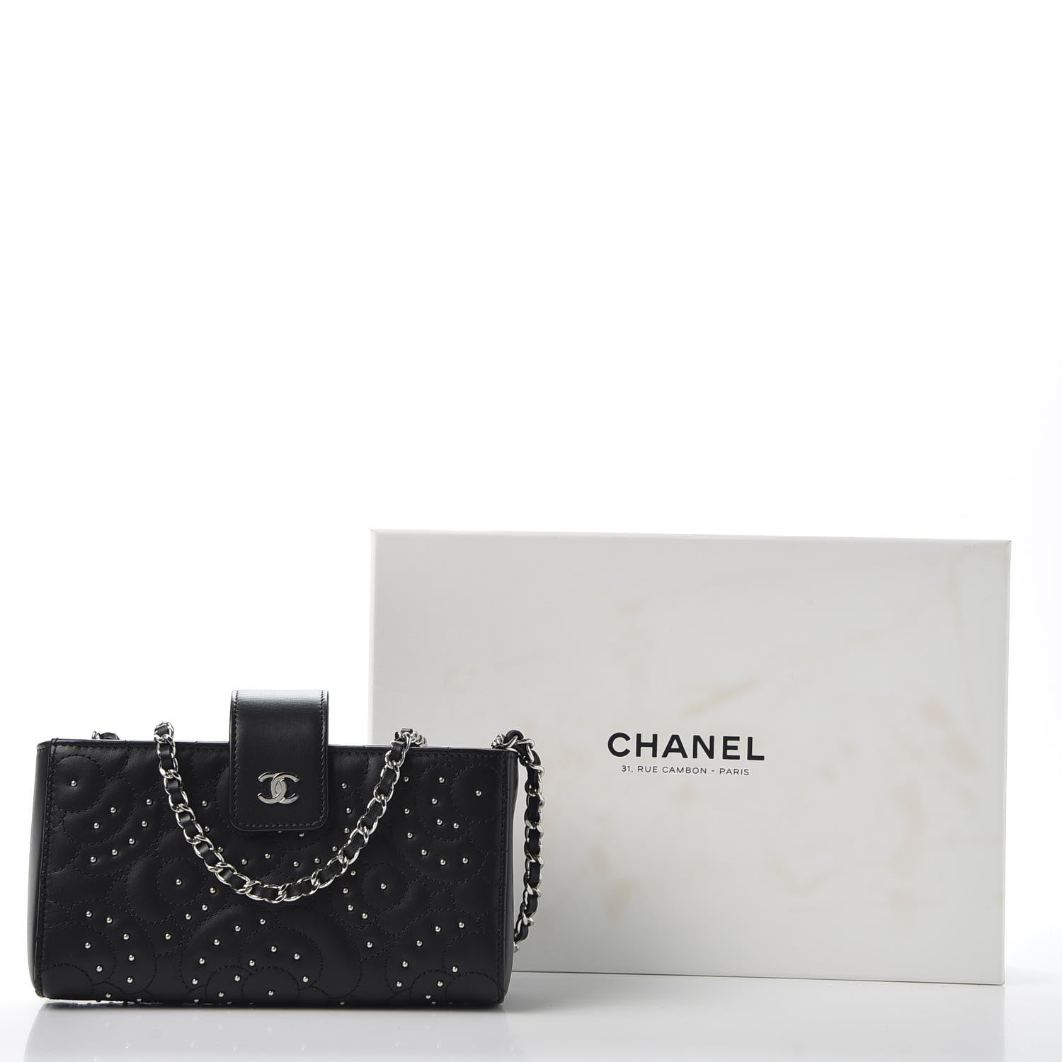 Chanel Lambskin Camellia Studded Clutch With Chain Black 11 of 11