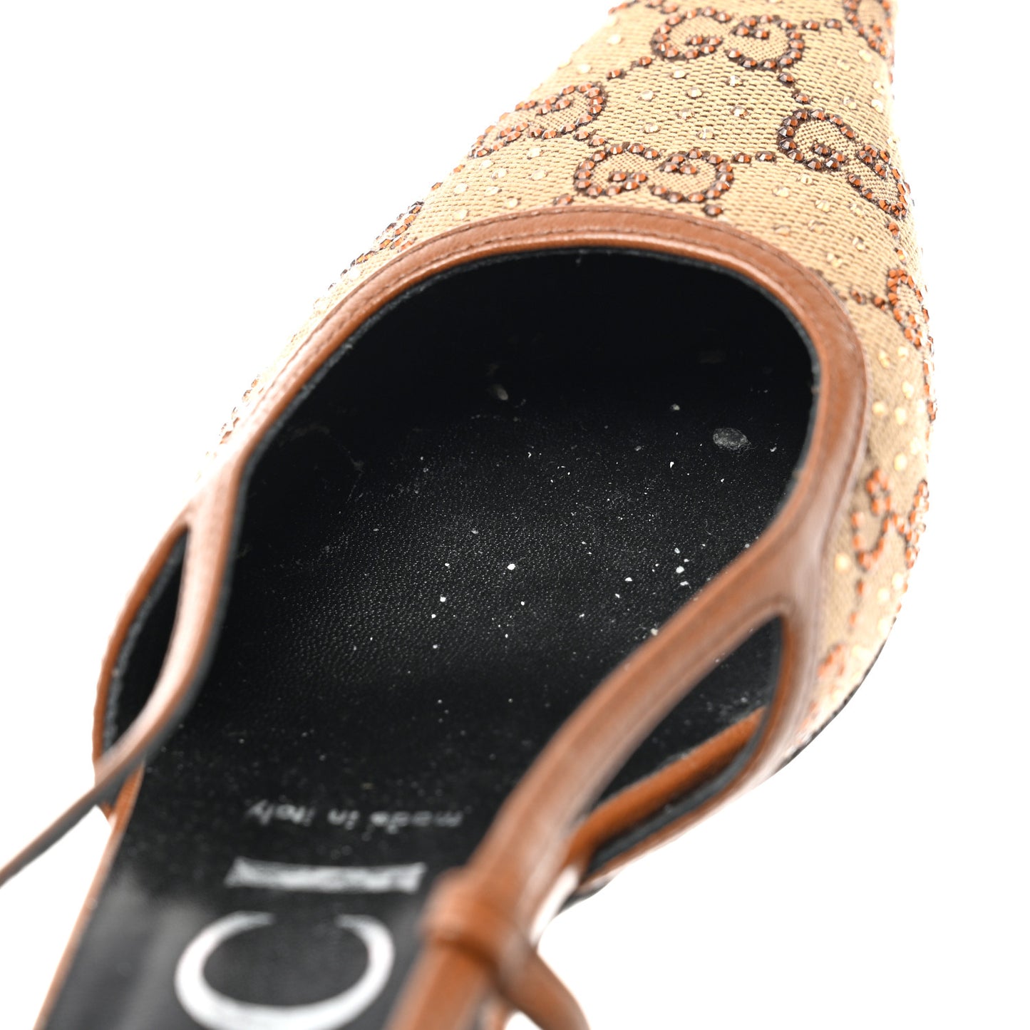 GG Monogram Malaga Kid Crystal Square G 35mm Slingback Pumps 37.5 Camel Ebony Cuir