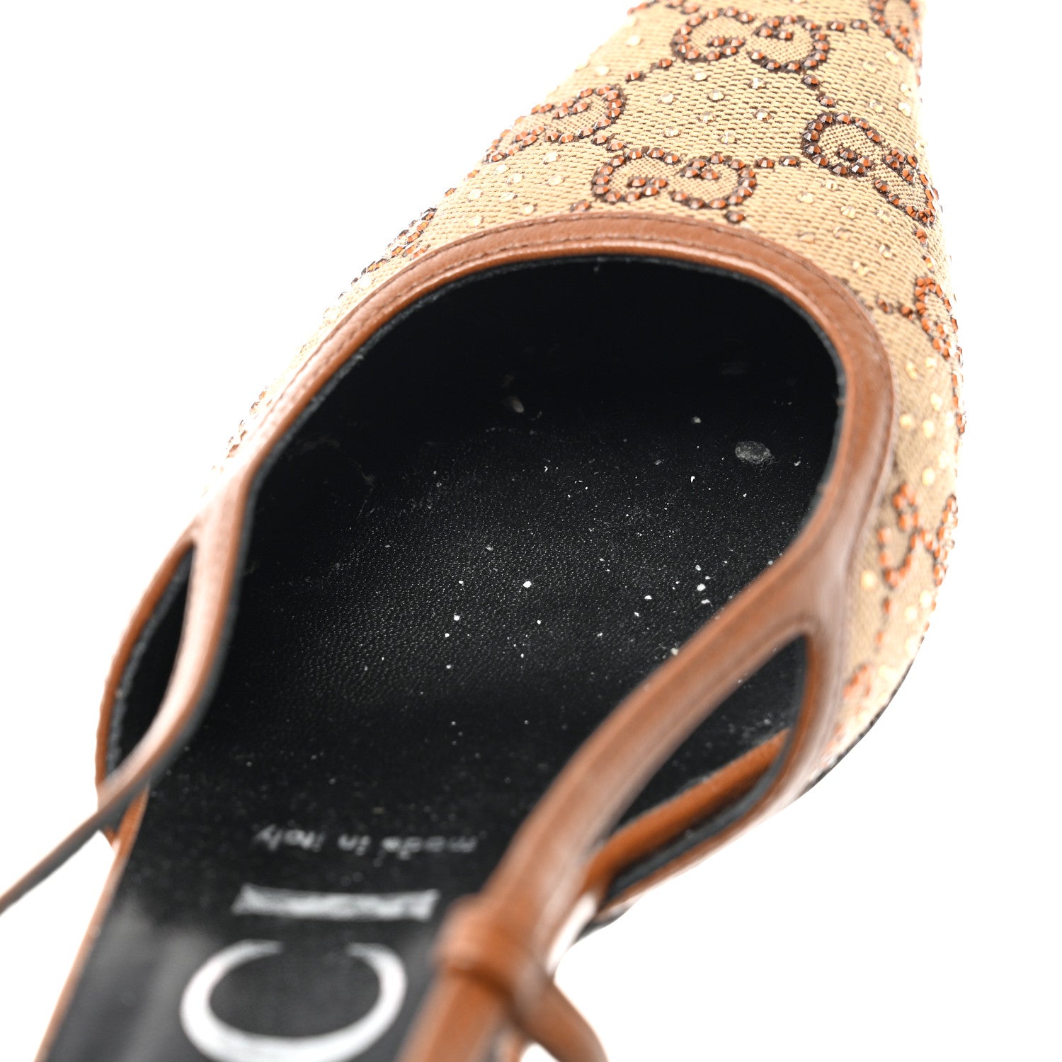 Gucci GG Monogram Malaga Kid Crystal Square G 35mm Slingback Pumps 37.5 Camel Ebony Cuir 8 of 9