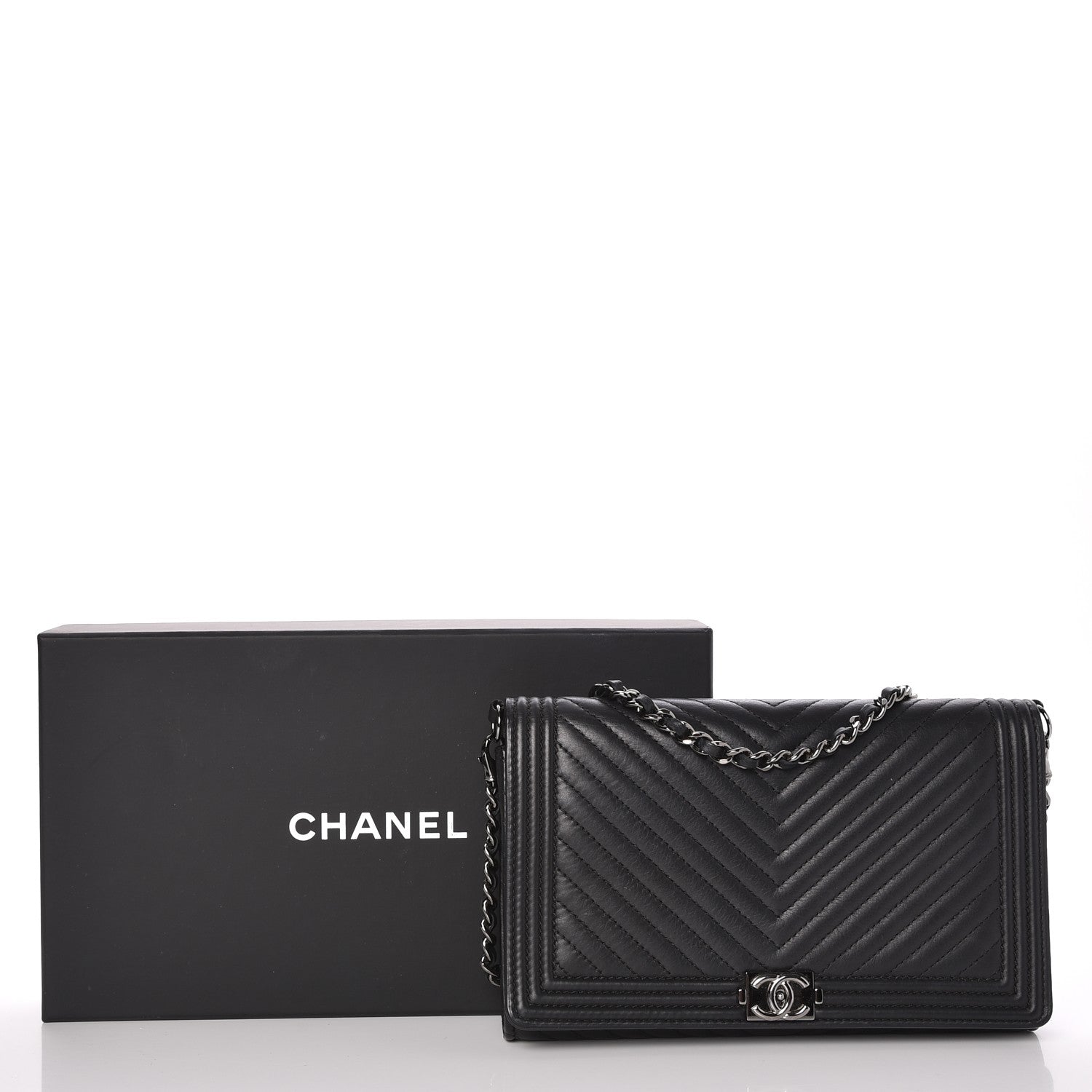 Chanel Calfskin Chevron Boy Wallet On Chain WOC Black 9 of 9
