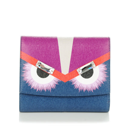 Fendi Vitello Elite Crystal Eye Monster French Wallet Cobalt Lavender Pink 1 of 9