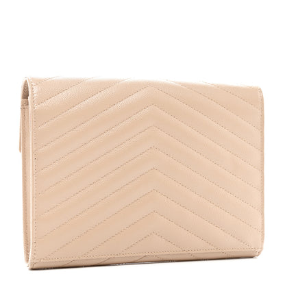 Saint Laurent Grain De Poudre Matelasse Chevron Monogram Envelope Clutch Dark Beige 3 of 8