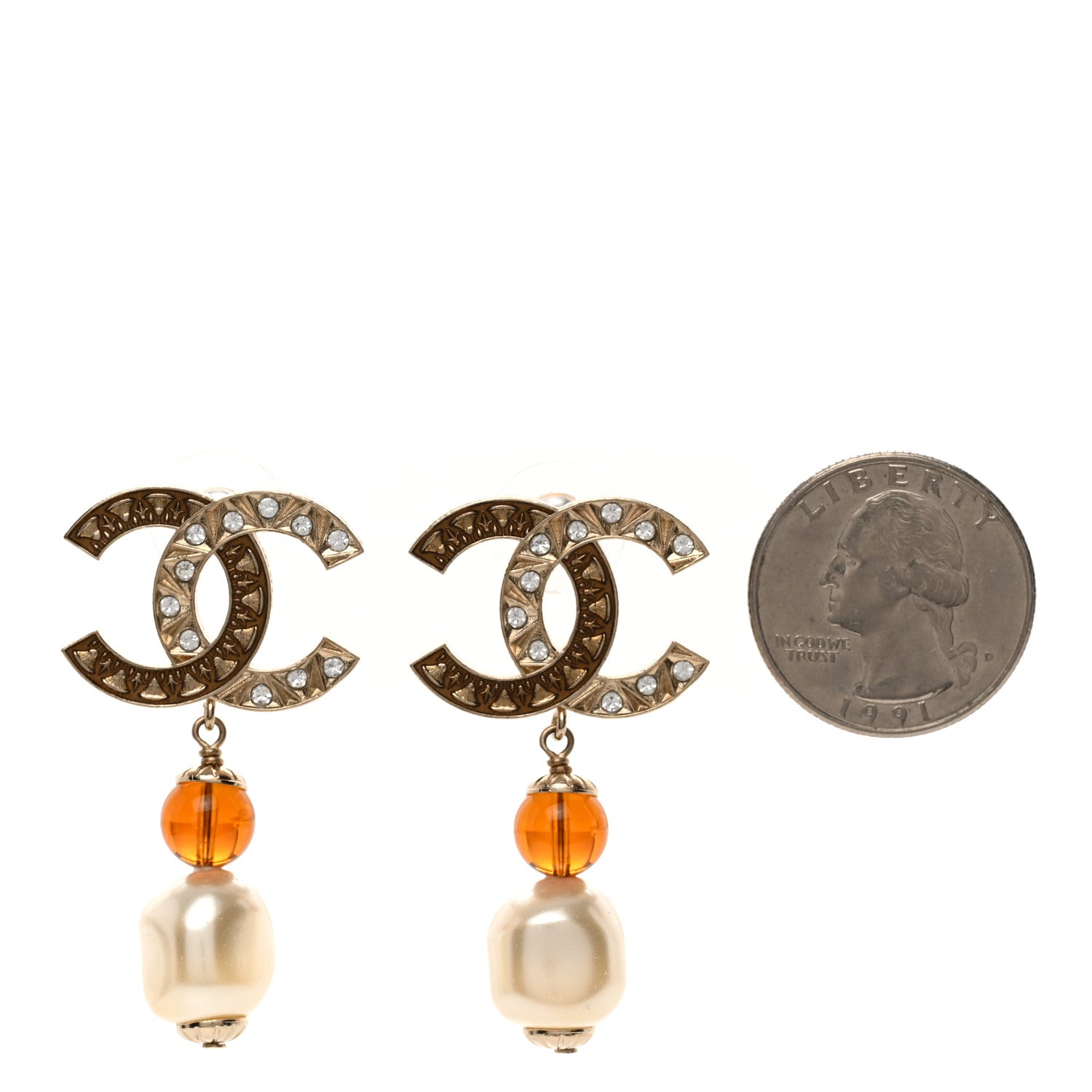 Chanel Crystal Pearl Resin CC Drop Earrings Gold White Brown 2 of 6