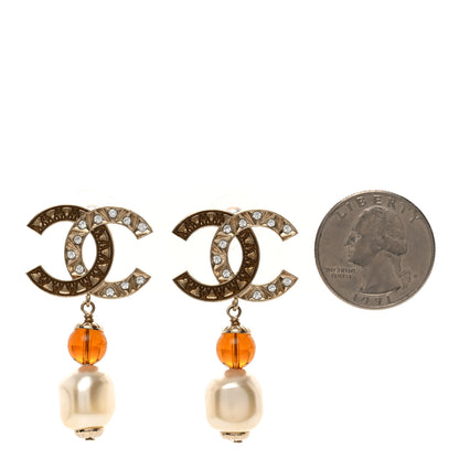 Chanel Crystal Pearl Resin CC Drop Earrings Gold White Brown 2 of 6