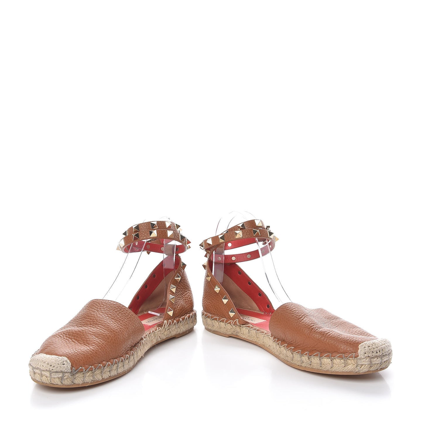 Grained Calfskin Rockstud Ankle Wrap Espadrille Flats 38 Cognac