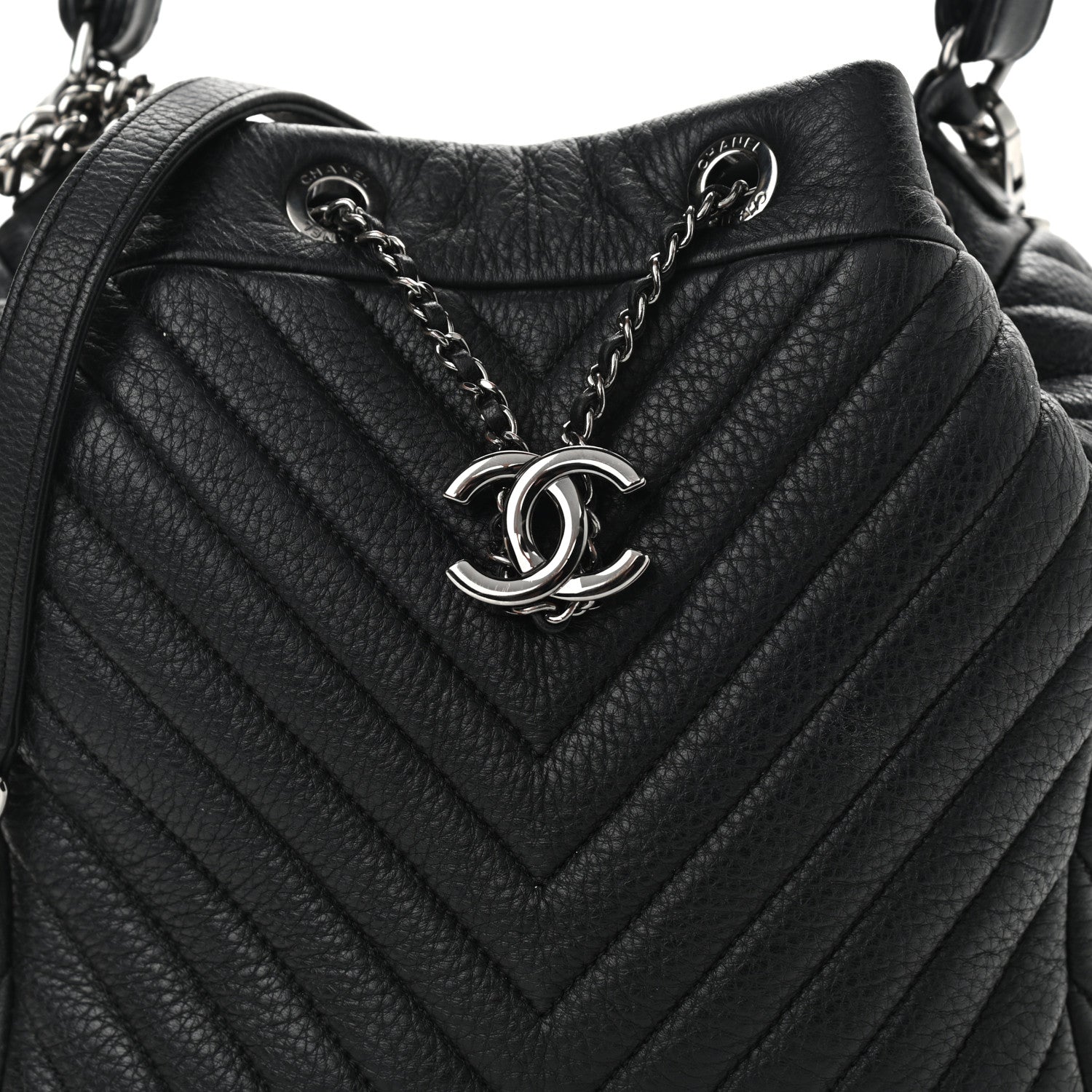 Chanel Deerskin Chevron Small CC Chain Bucket Drawstring Bag Black 8 of 11
