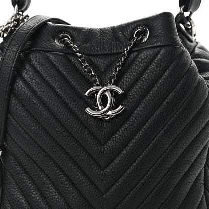 Chanel Deerskin Chevron Small CC Chain Bucket Drawstring Bag Black 8 of 11