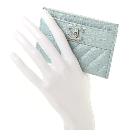 Chanel Metallic Caviar Chevron Quilted Vintage Mademoiselle Card Holder Light Blue 2 of 8