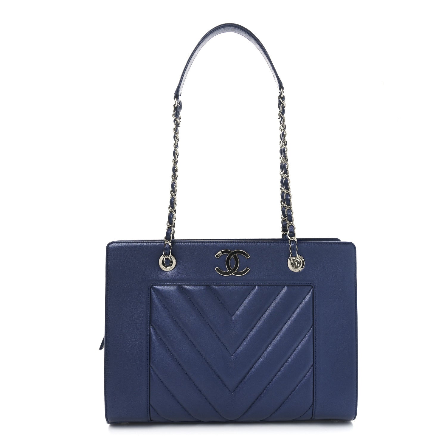 Chanel Sheepskin Chevron Quilted Mademoiselle Vintage Shopping Tote Navy 1 of 10