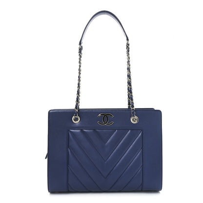 Chanel Sheepskin Chevron Quilted Mademoiselle Vintage Shopping Tote Navy 1 of 10