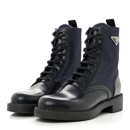 Prada Spazzolato Re-Nylon Metal Triangle Logo Womens 50mm Combat Boots 39.5 Bleu 3 of 10
