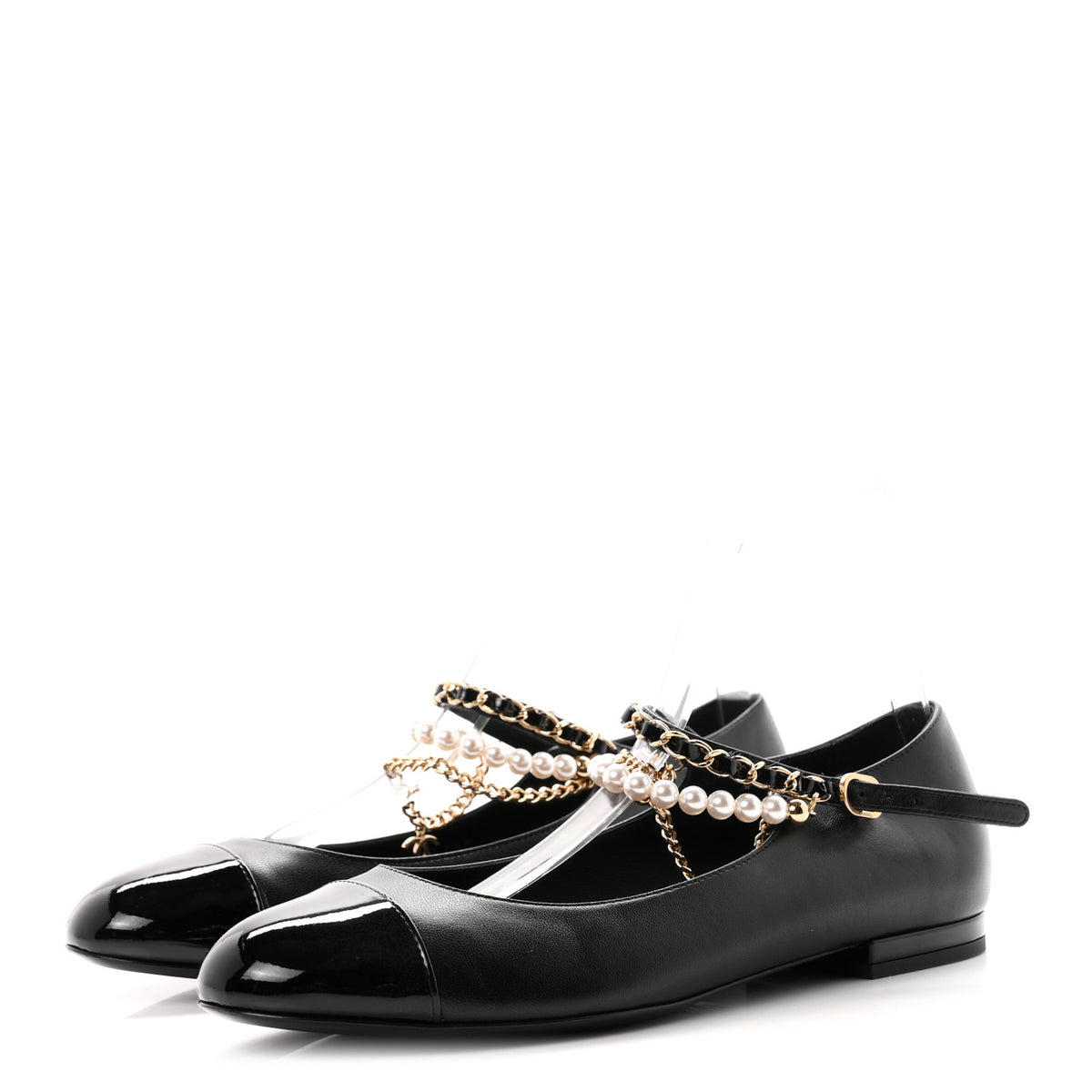 Shiny Lambskin Pearl Cap Toe Ankle Chain Ballerina Flats 38 Black