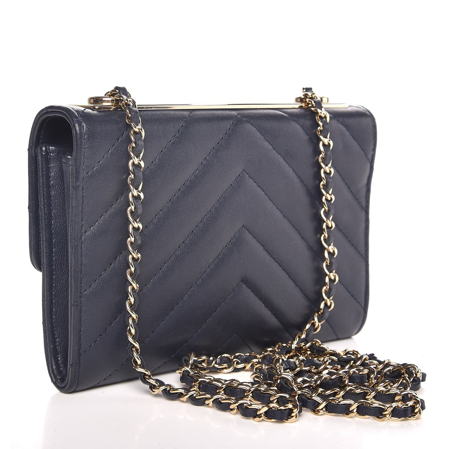 Lambskin Chevron Quilted Mini Trendy CC Chain Wallet Navy