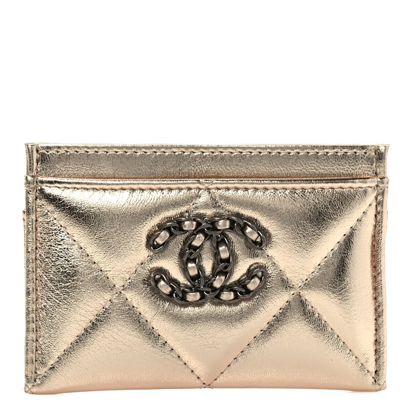 Metallic Lambskin Quilted Chanel 19 Card Holder Gold