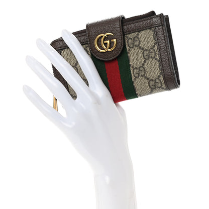 Gucci GG Supreme Monogram Textured Dollar Calfskin Web Ophidia Overlay Zip Around Card Case Wallet Beige Ebony New Acero 2 of 12