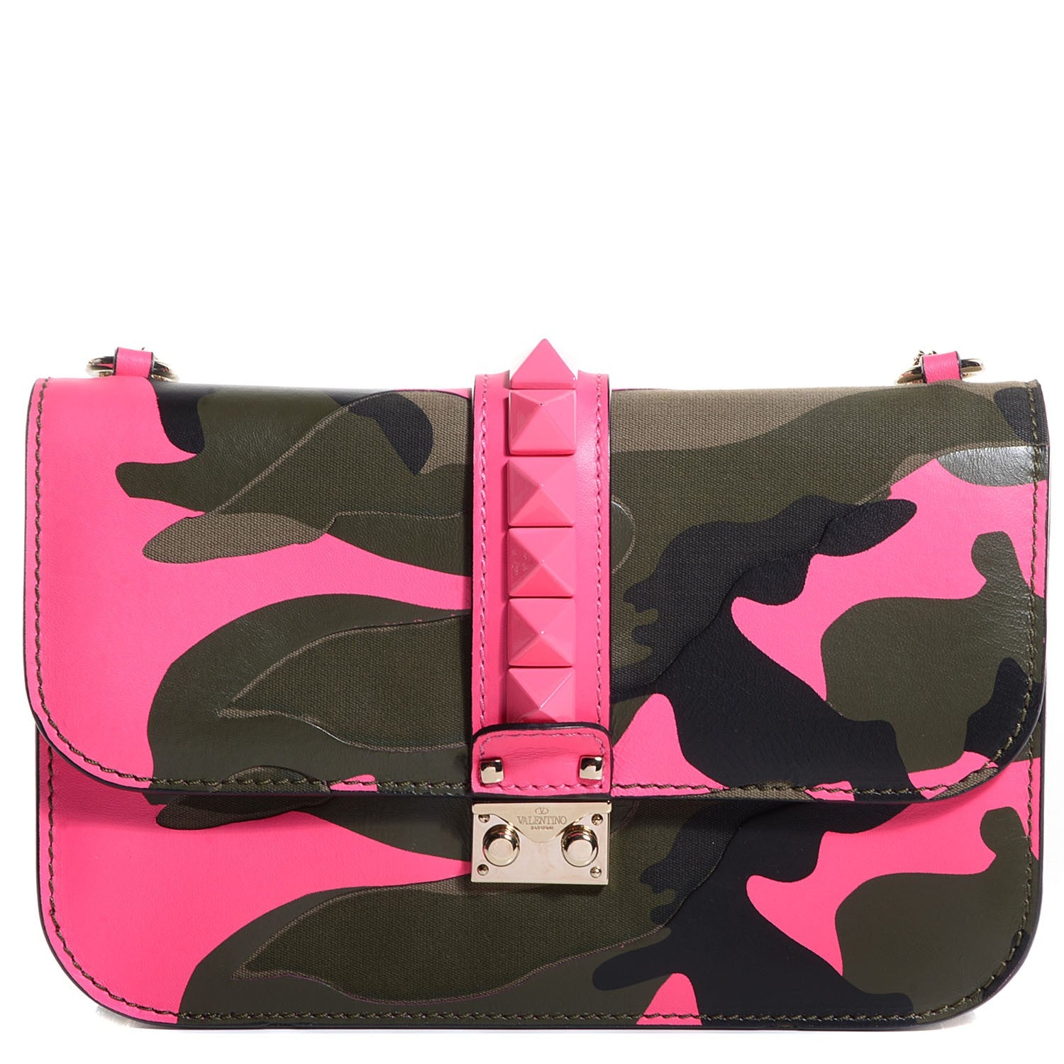 Valentino Garavani Nappa Canvas Camouflage Medium Glam Lock Rockstud Flap Fuxia Fluo 1 of 8