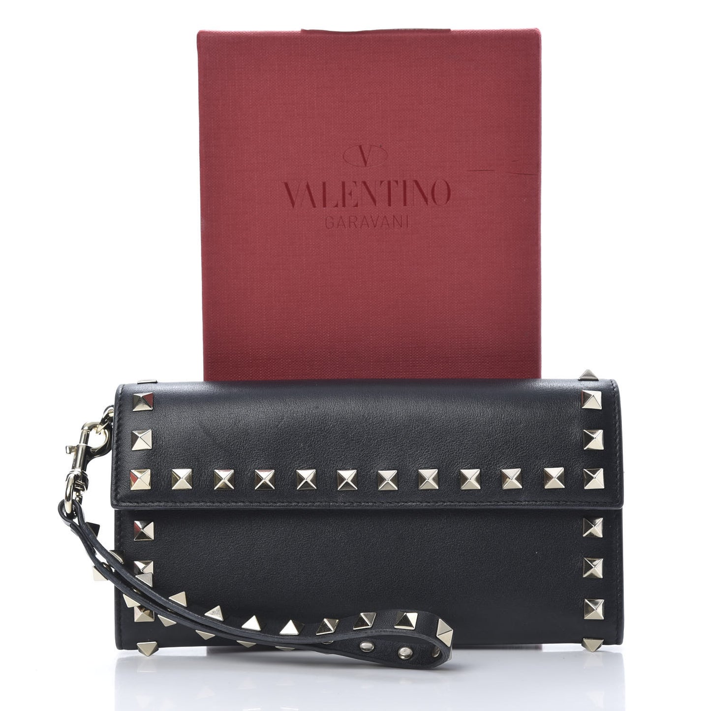 Calfskin Rockstud Wristlet Travel Wallet Black