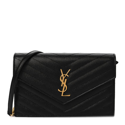 Saint Laurent Grain De Poudre Matelasse Chevron Monogram Envelope Chain Wallet Black 1 of 6