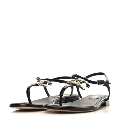 Chanel Calfskin Pearl CC Star Thong Sandals 39 Black 3 of 9