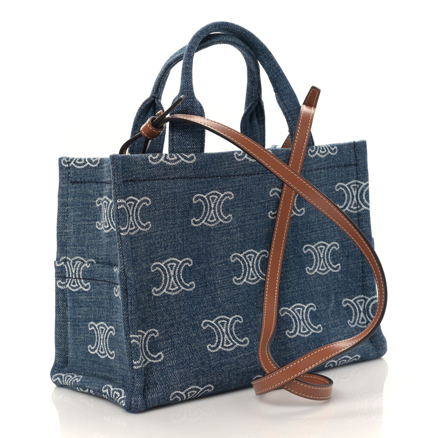 Celine Denim Calfskin Triomphe Print Cabas Blue Tan 3 of 9