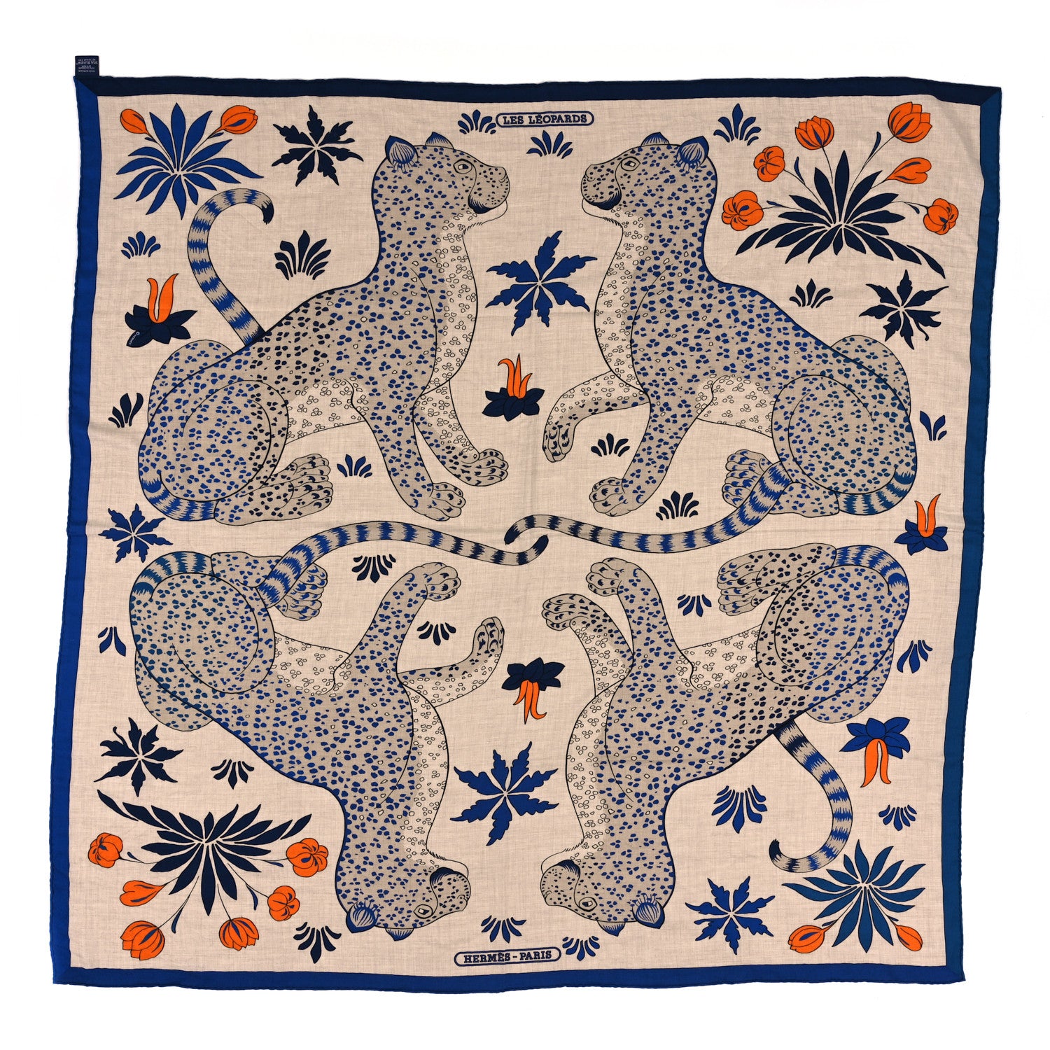 Hermes Cashmere Silk Les Leopards Shawl 140 Naturel Bleu Orange 1 of 3