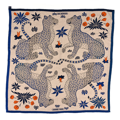 Hermes Cashmere Silk Les Leopards Shawl 140 Naturel Bleu Orange 1 of 3