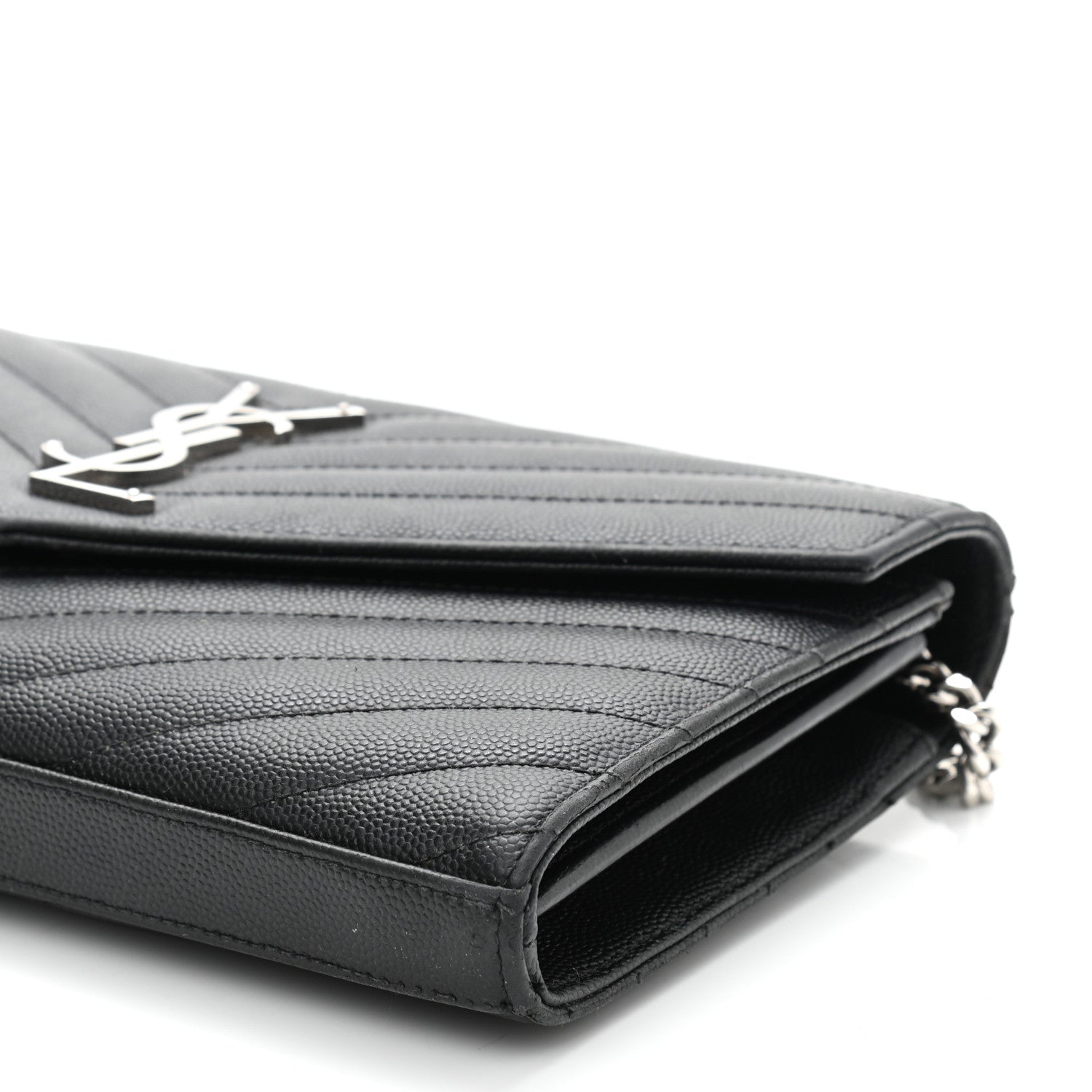 Saint Laurent Grain De Poudre Matelasse Chevron Monogram Chain Wallet Black 10 of 13