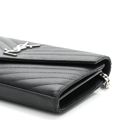 Saint Laurent Grain De Poudre Matelasse Chevron Monogram Chain Wallet Black 10 of 13
