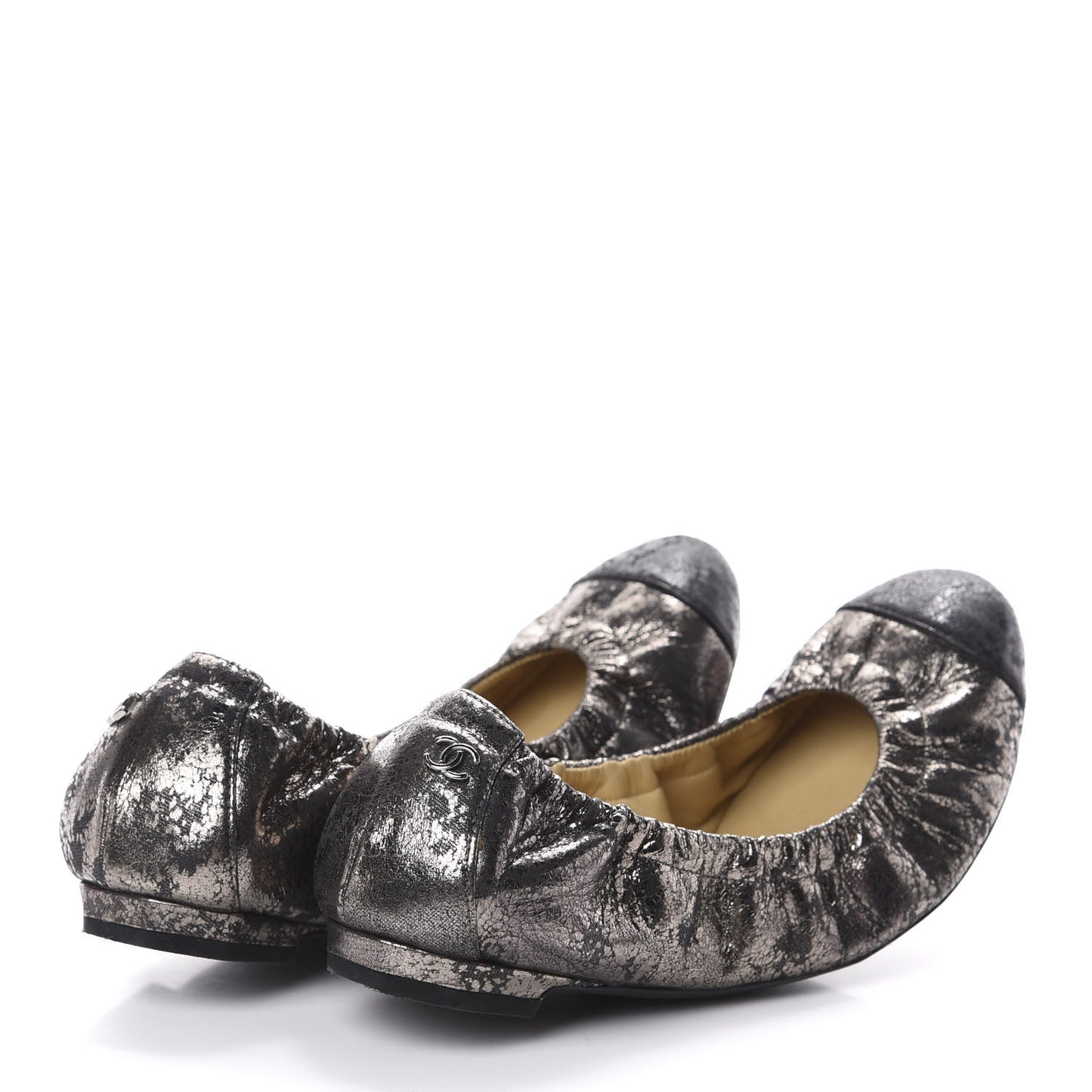 Metallic Crackled Calfskin CC Elastic Cap Toe Ballerina Flats 35 Dark Brown Black