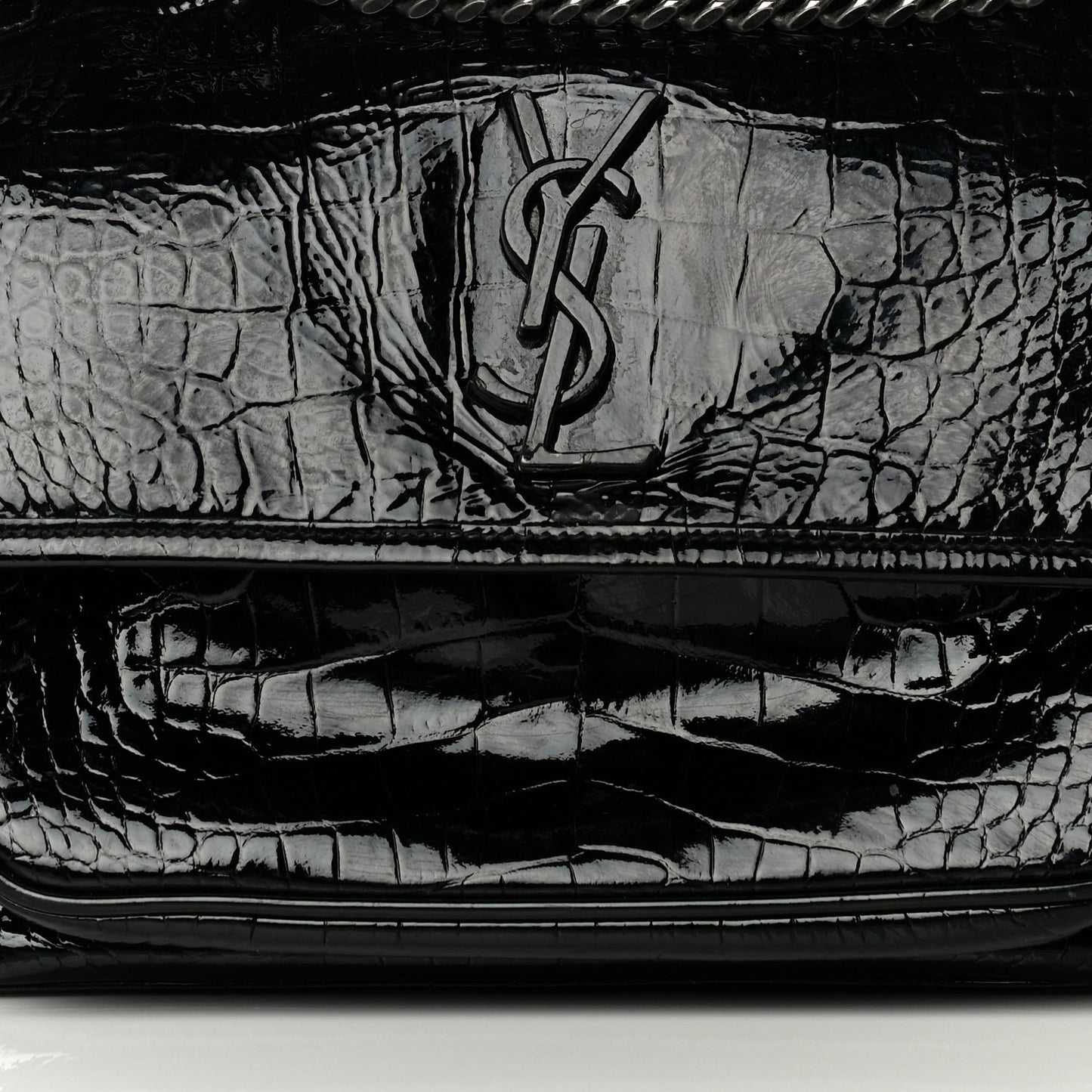 Patent Crocodile Embossed Lambskin Monogram Medium Niki Chain Satchel Black