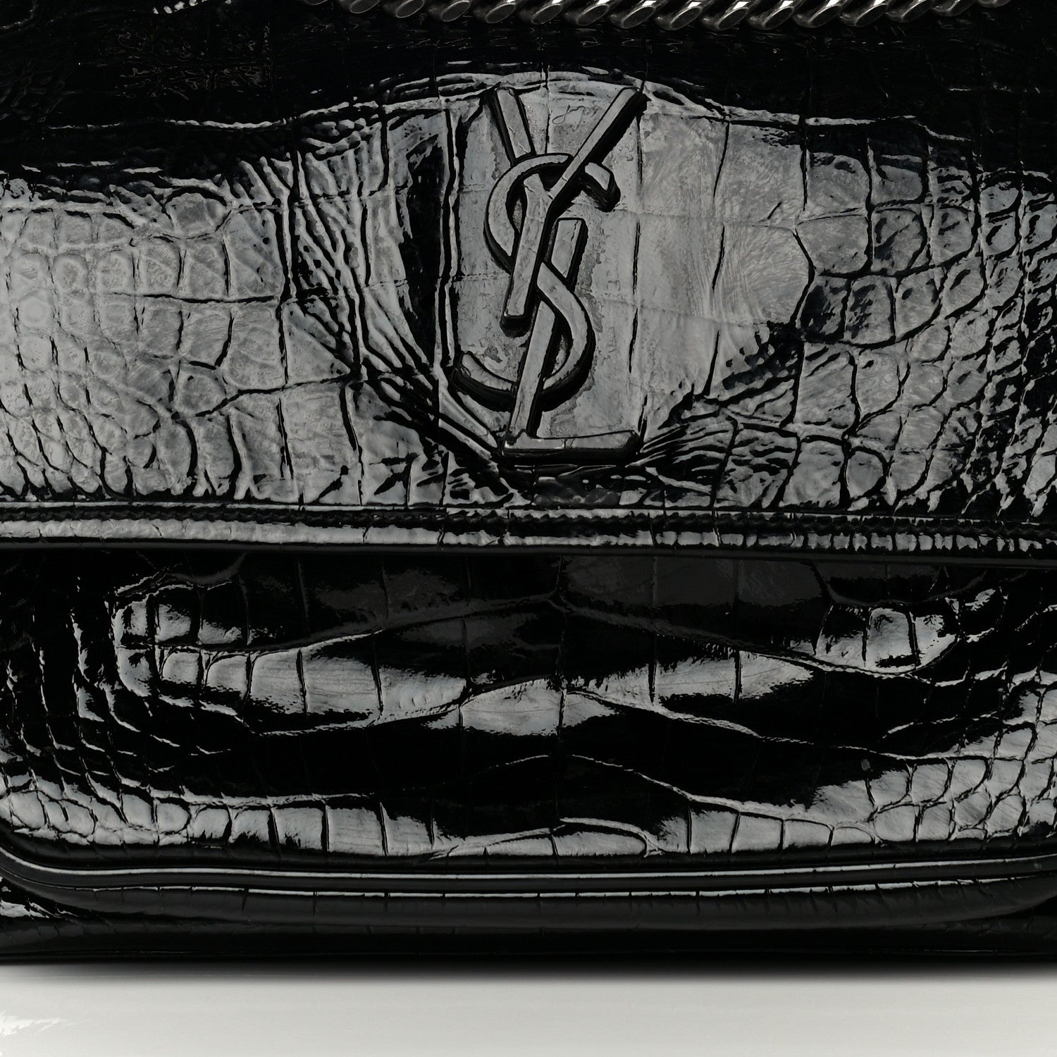 Saint Laurent Patent Crocodile Embossed Lambskin Monogram Medium Niki Chain Satchel Black 8 of 19