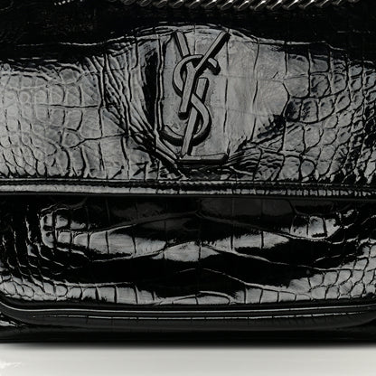 Saint Laurent Patent Crocodile Embossed Lambskin Monogram Medium Niki Chain Satchel Black 8 of 19