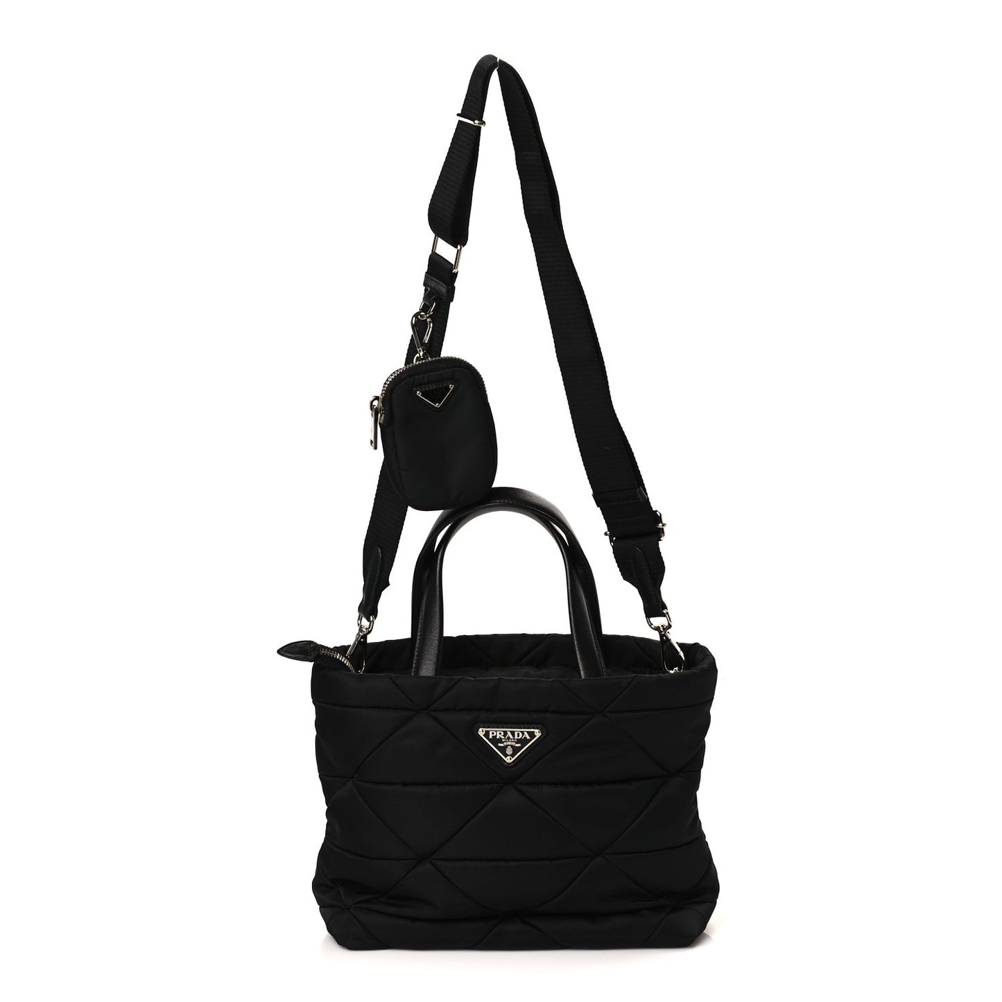 Re-Nylon Nappa Triangle Quilted Padded Double Handled Zip Pocket Tote Black