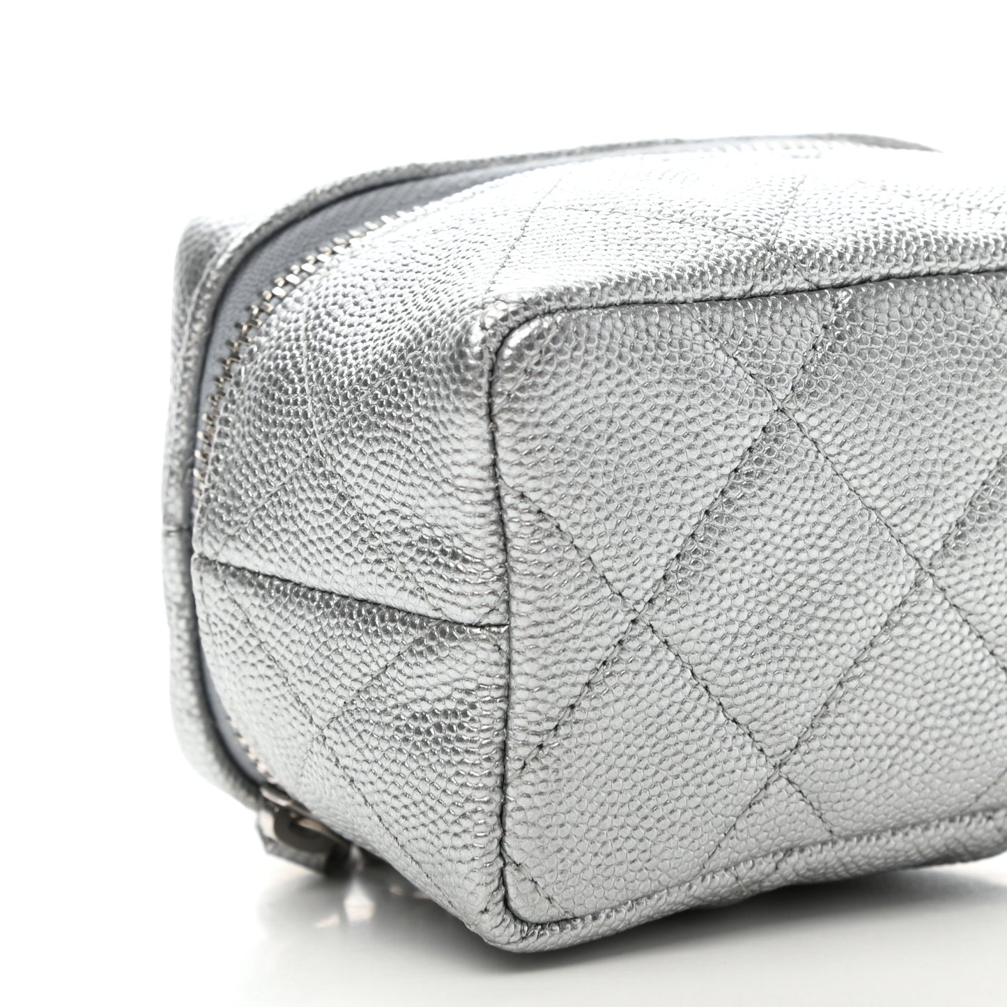 Metallic Caviar Quilted Mini Top Handle Vanity With Chain Silver
