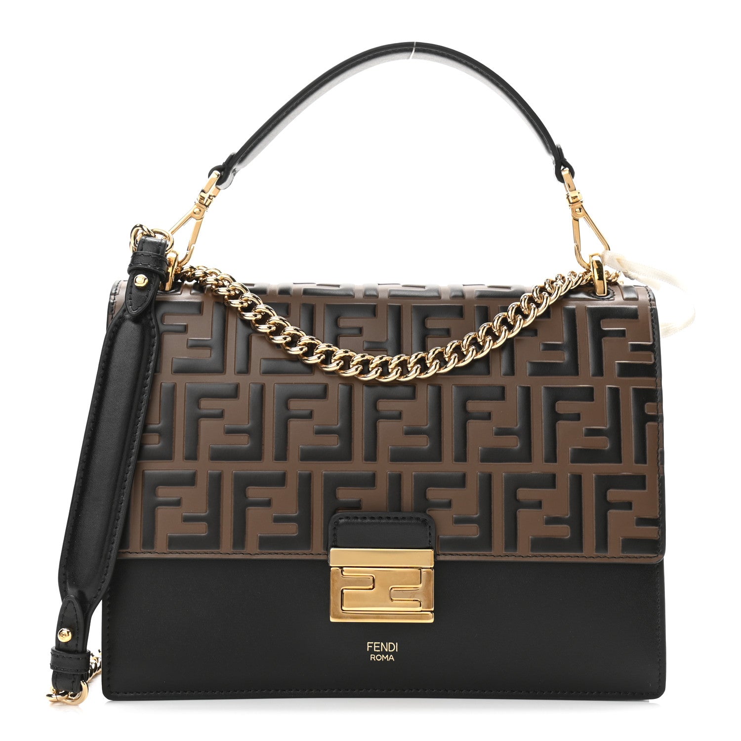 Fendi Vitello Liberty Bi-Color FF 1974 Embossed Chain Strap Kan U Shoulder Bag Black Maya 1 of 10
