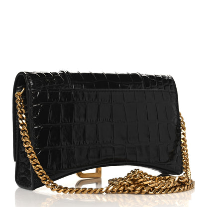 Balenciaga Shiny Calfskin Crocodile Embossed Hourglass Chain Bag Black 2 of 5