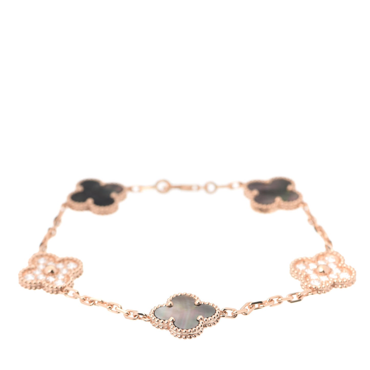 18K Rose Gold Diamond Gray Mother of Pearl 5 Motifs Vintage Alhambra Bracelet