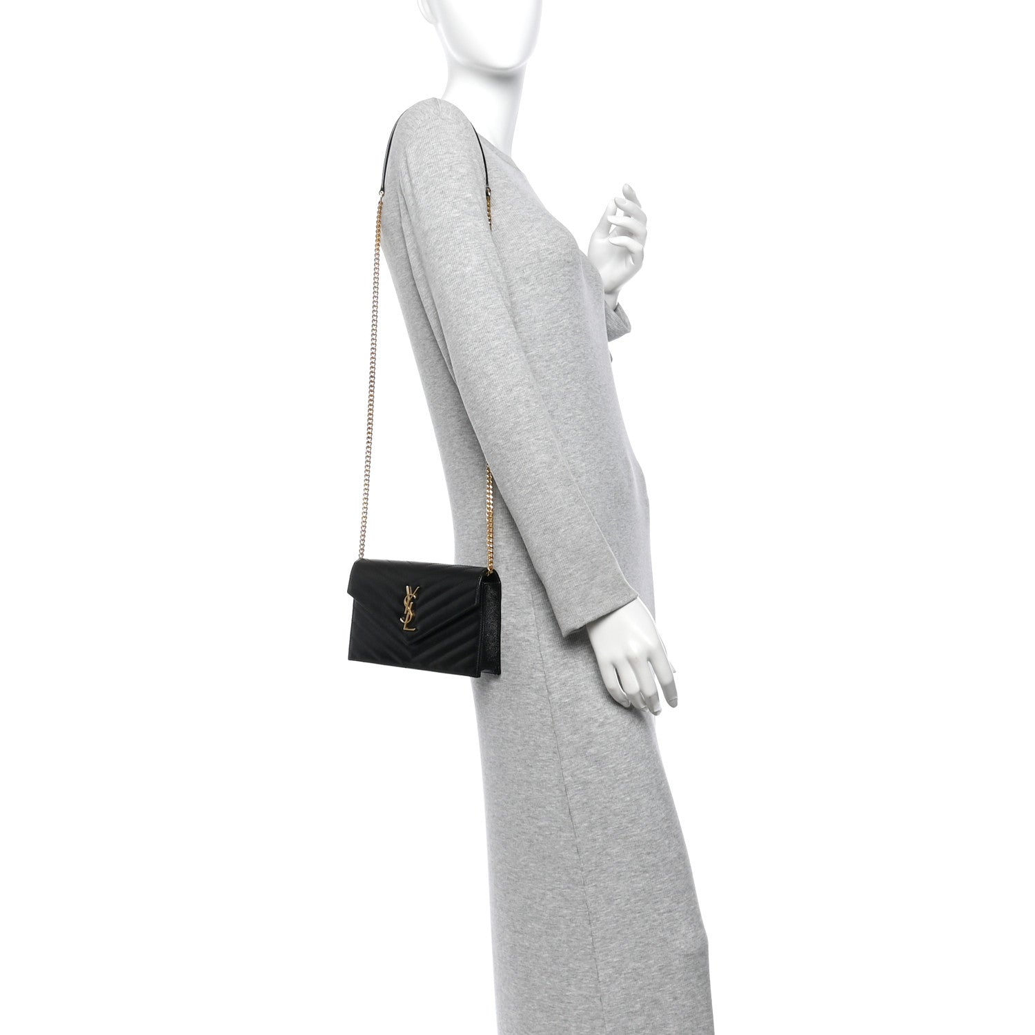 Saint Laurent Grain De Poudre Matelasse Chevron Monogram Envelope Chain Wallet Black 2 of 9